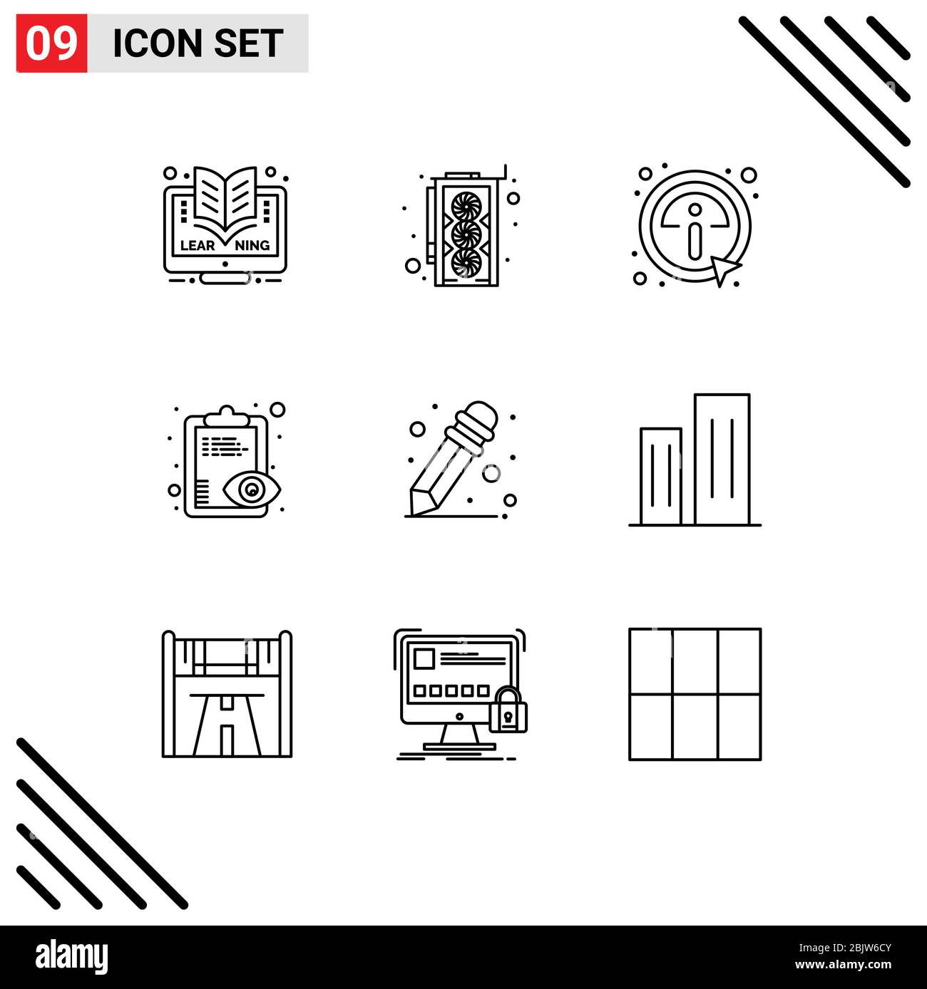 Universal Icon Symbols Gruppo di 9 moderni profili di architettura, matita, dettagli, appunti, panoramica elementi di progettazione vettoriale editabili Illustrazione Vettoriale