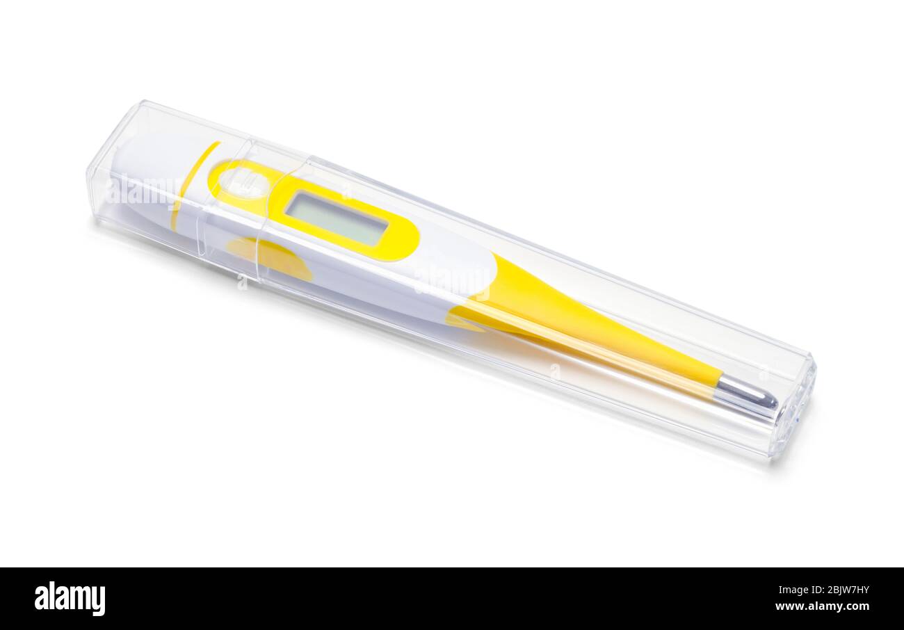 Termometro digitale giallo in contenitore isolato su bianco. Foto Stock
