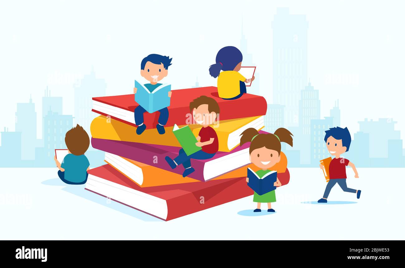 Vettore di un gruppo di bambini che legge, come la letteratura che si diverte essere circondato con mucchi di libri. Illustrazione Vettoriale