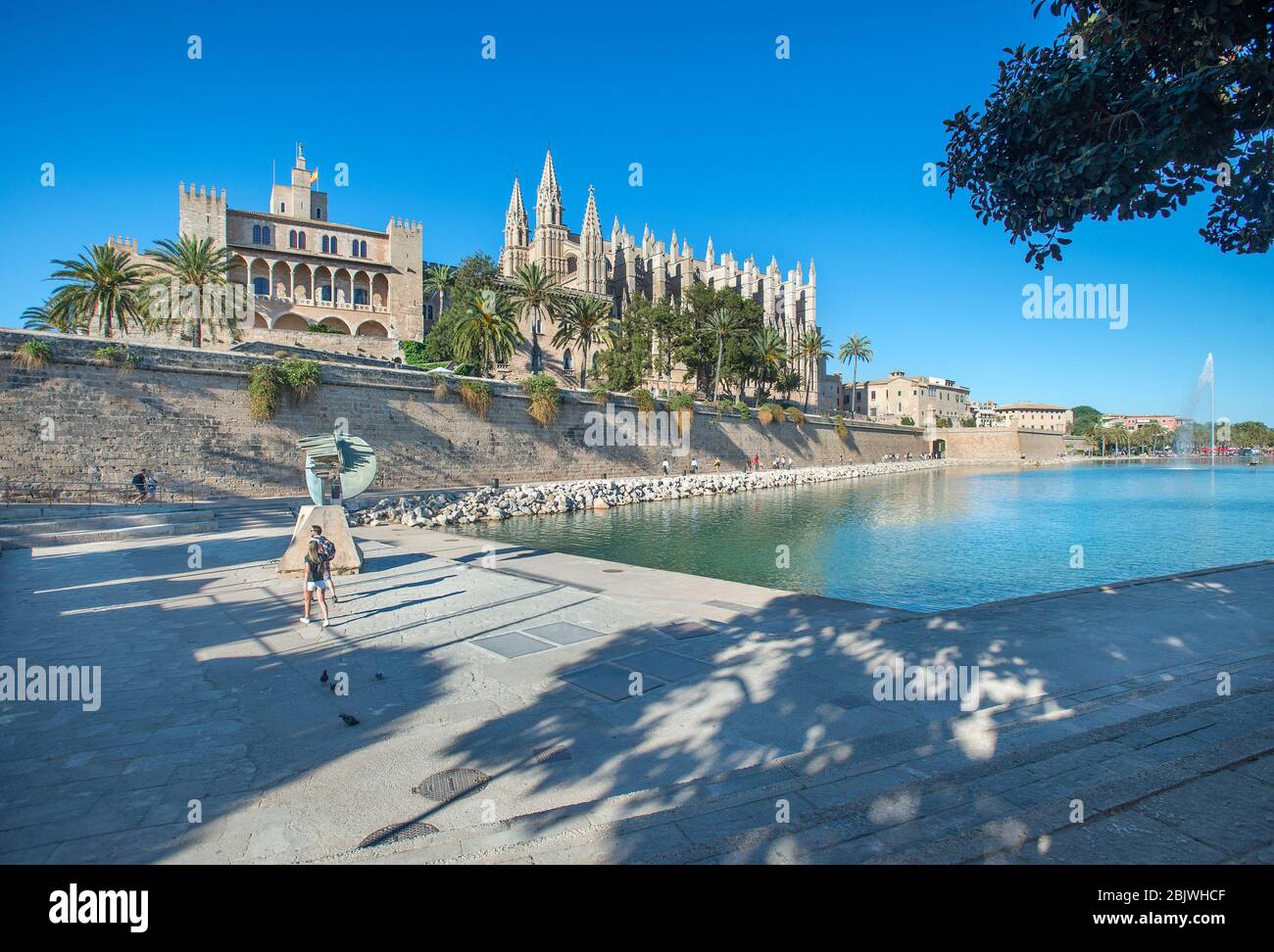 La Cattedrale e il Palazzo Almudaina da Parc de la mar, Palma de Mallorca, Baleari, Spagna Foto Stock