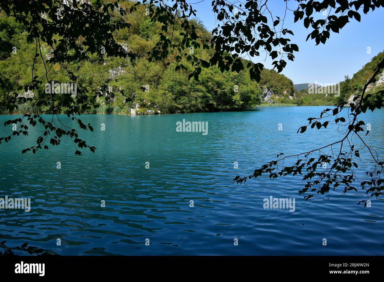 Acque turchesi rilassanti e atmosfera tranquilla nei laghi di Plitvice, Croazia. Foto Stock