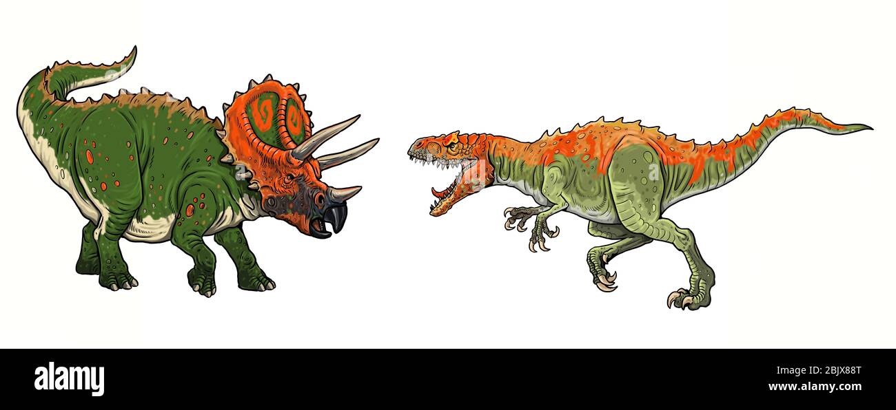 Dinosauri lotta. Allosauro contro Triceratops. Dino Fight illustrazione. Foto Stock