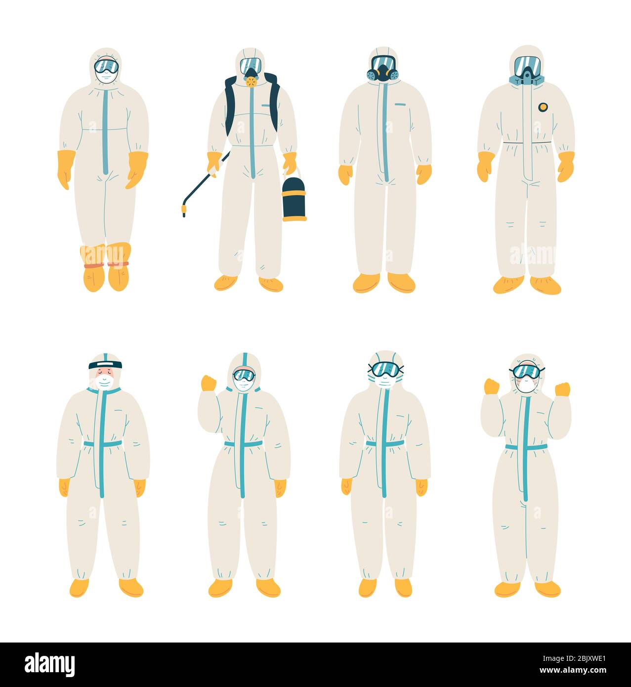 Uomo in tuta protettiva bianca. Protezione da contaminazione biologica. Illustrazione Vettoriale