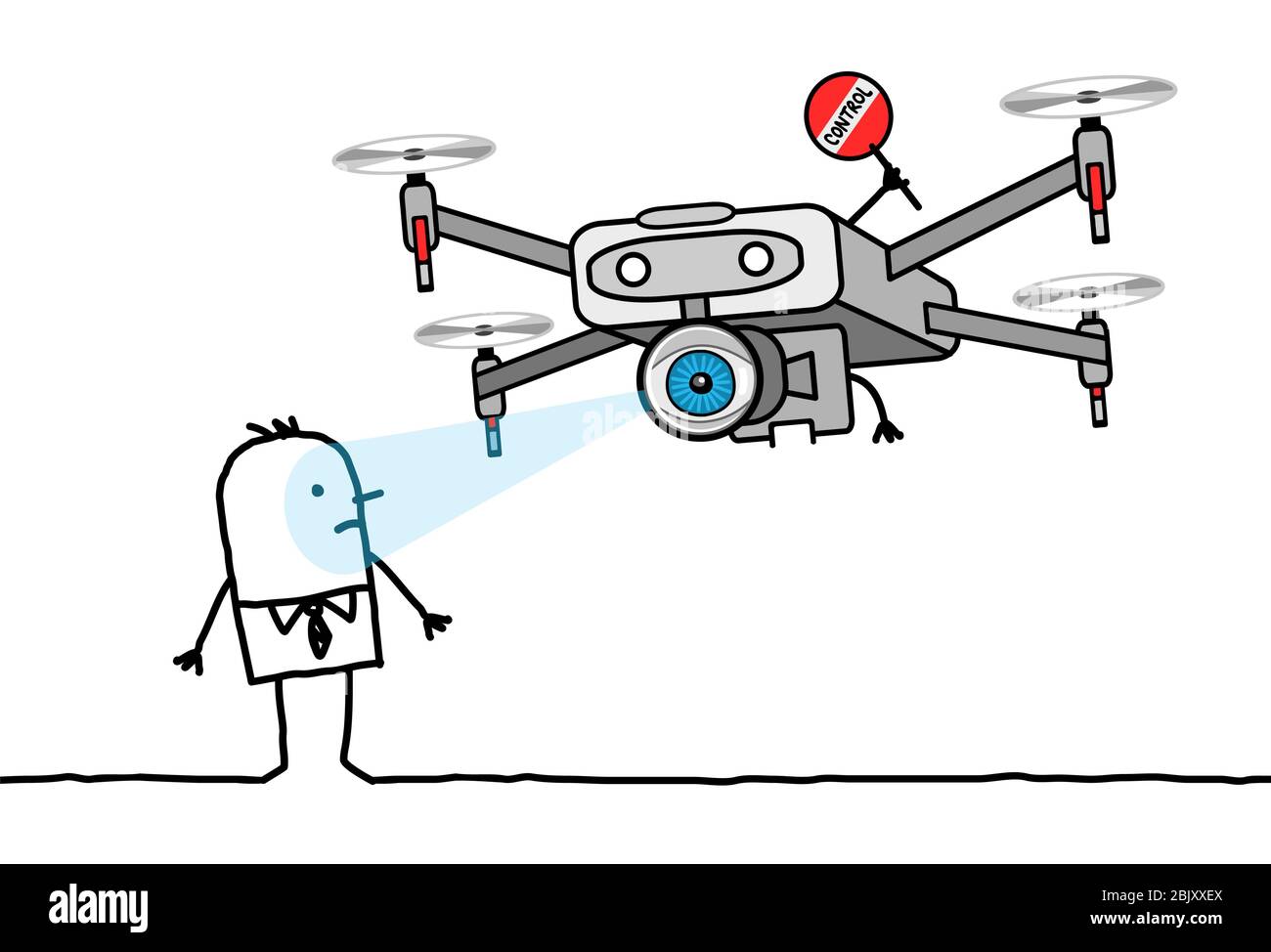 Uomo Cartoon disegnato a mano di fronte a un drone di controllo con un occhio grande Illustrazione Vettoriale