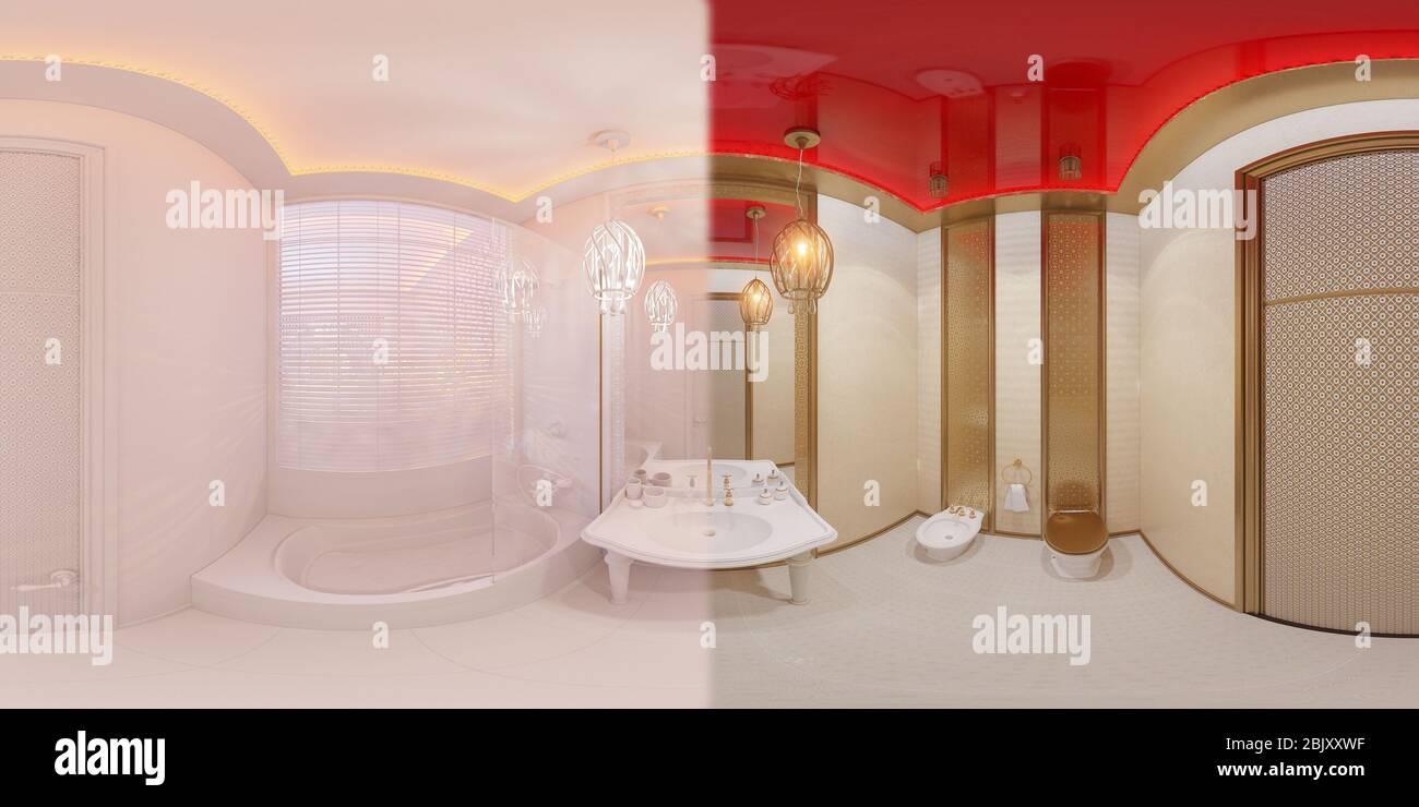 3d illustrazione sferica a 360 gradi, seamless panorama bagno della camera di albergo in un tradizionale stile islamico. Bella camera deluxe sfondo inter Foto Stock