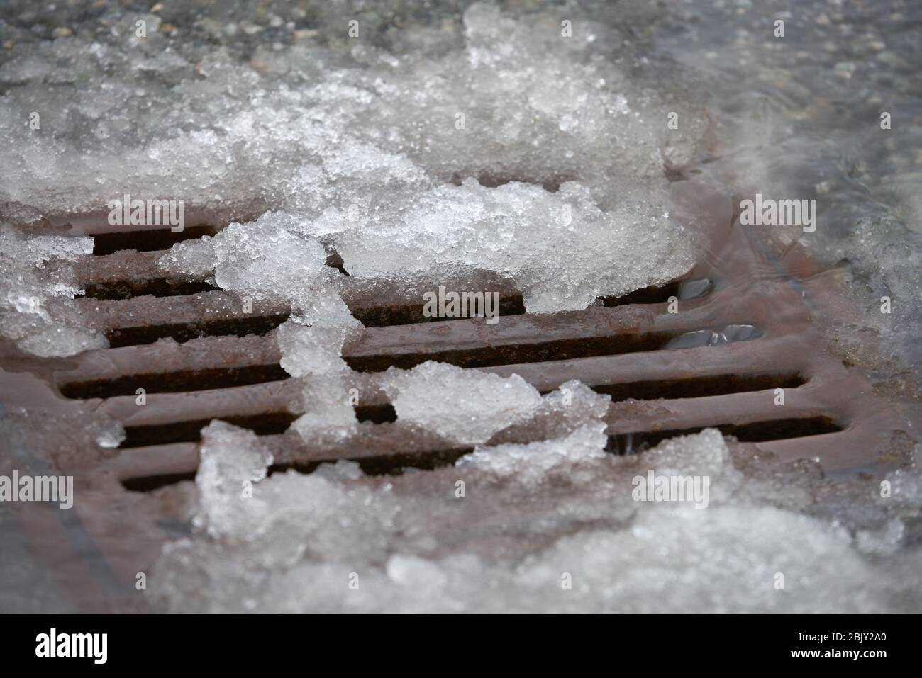 Sciogliere la neve nello scarico Storm. La pioggia pesante scioglie la neve e si riversa in una tempesta di drenaggio dopo una nevicata. Foto Stock