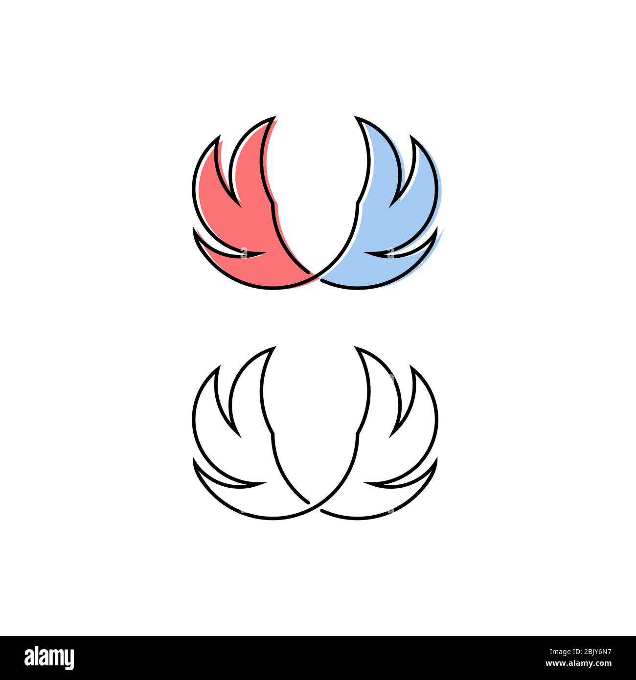 Vettore di ala, design disegnato a mano, stile linea, con colori pastello isolati su sfondo bianco. Illustrazione Vettoriale