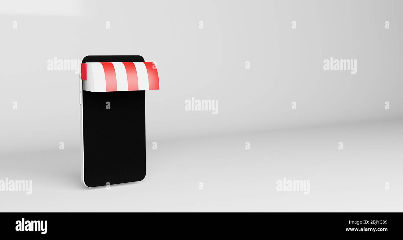 Rendering 3D di nero smartphone screen.Creative Mobile Shopping online concept.Business minimal moderno mock up pubblicità e banner.Market Shop iso Foto Stock