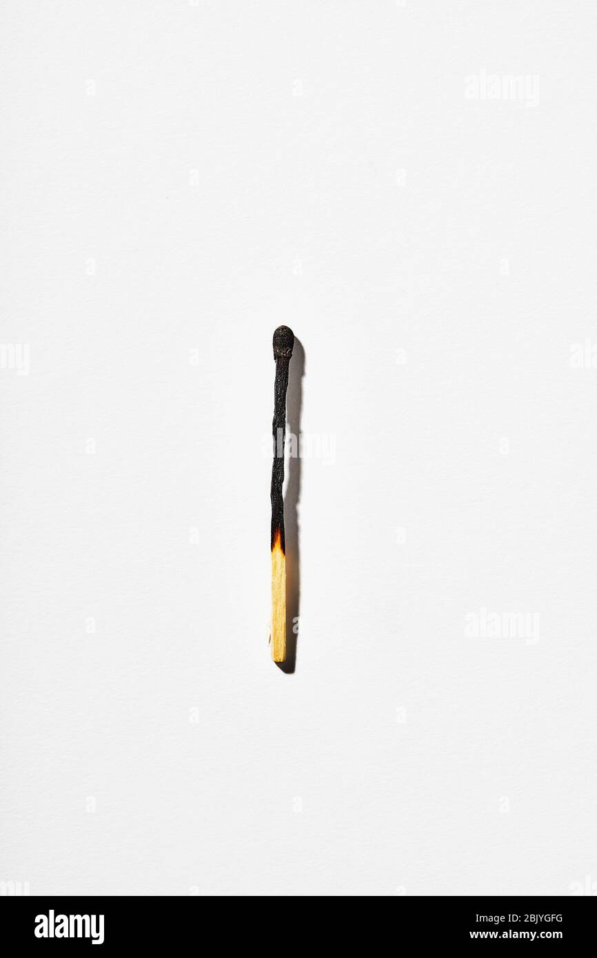 Matchstick bruciato su sfondo bianco Foto Stock