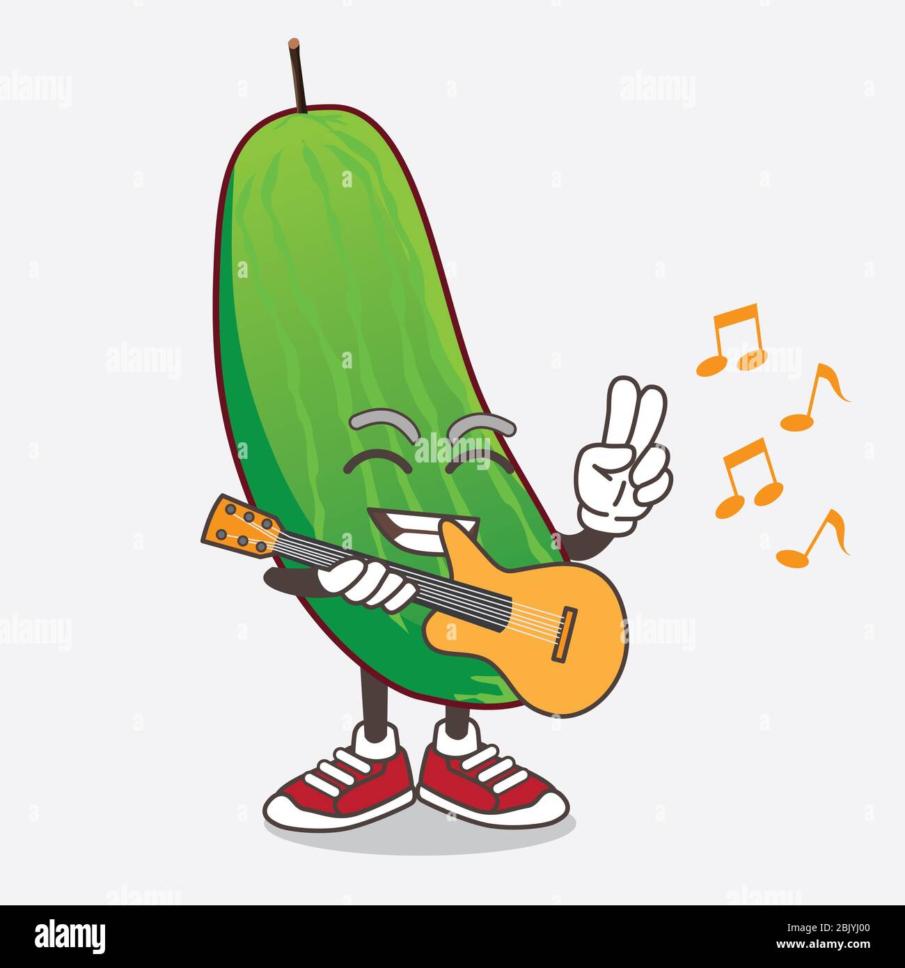 Un'illustrazione del personaggio della mascotte di Cucumber Cartoon che suona una chitarra Foto Stock