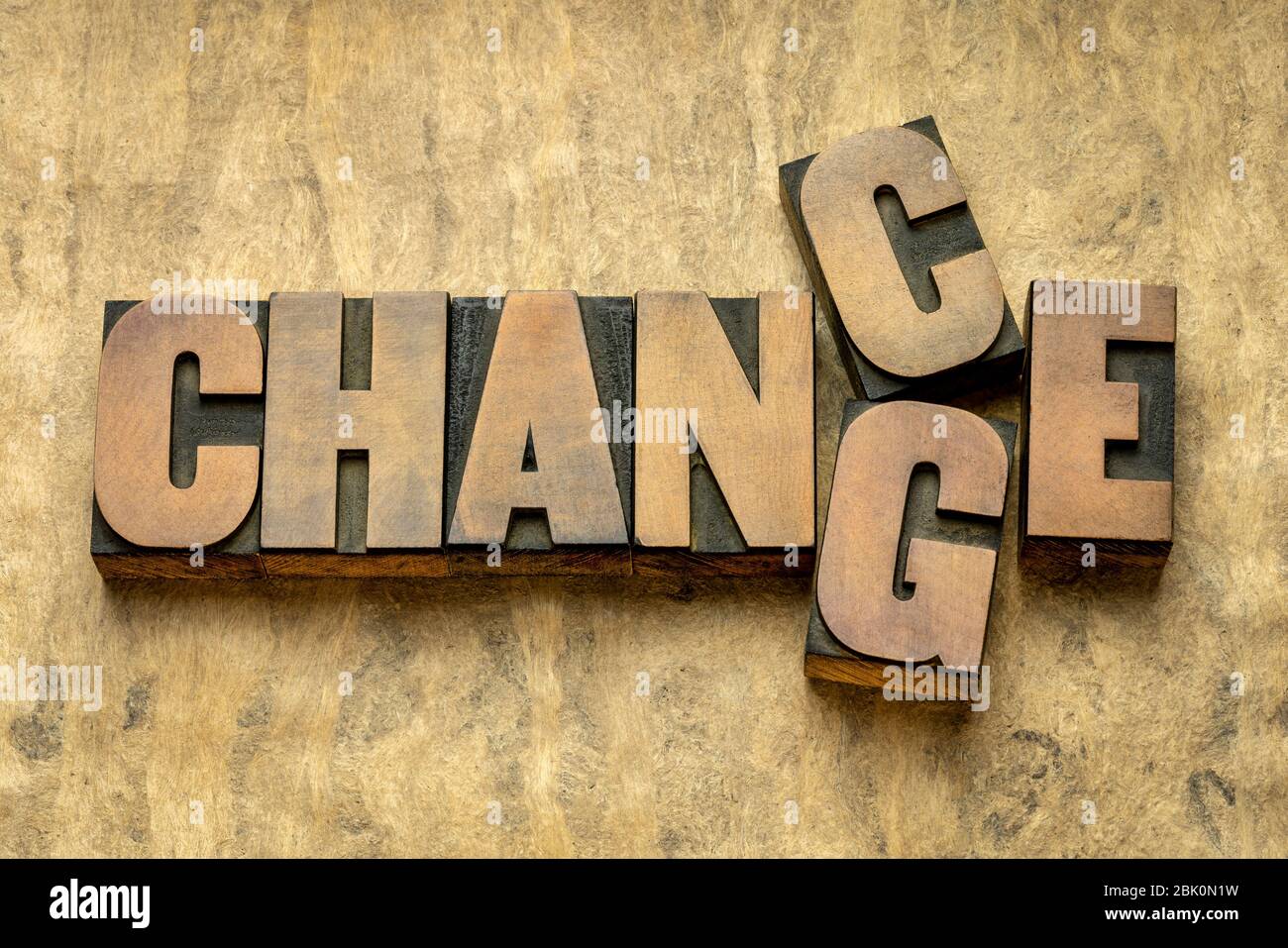 cambiamento e possibilità - parola astratta in legno di tipo di letterpress vintage, opportunità nel cambiamento del concetto mondiale Foto Stock