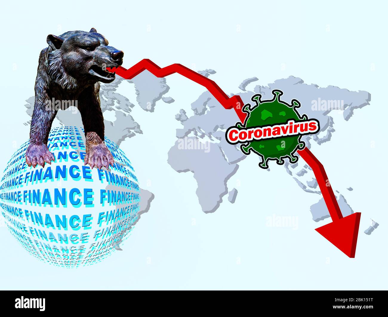 Composizione digitale, calo dei prezzi delle azioni a causa del coronavirus, Convid-19, recessione, economia mondiale, mercato finanziario, azioni, economia, globalizzazione Foto Stock