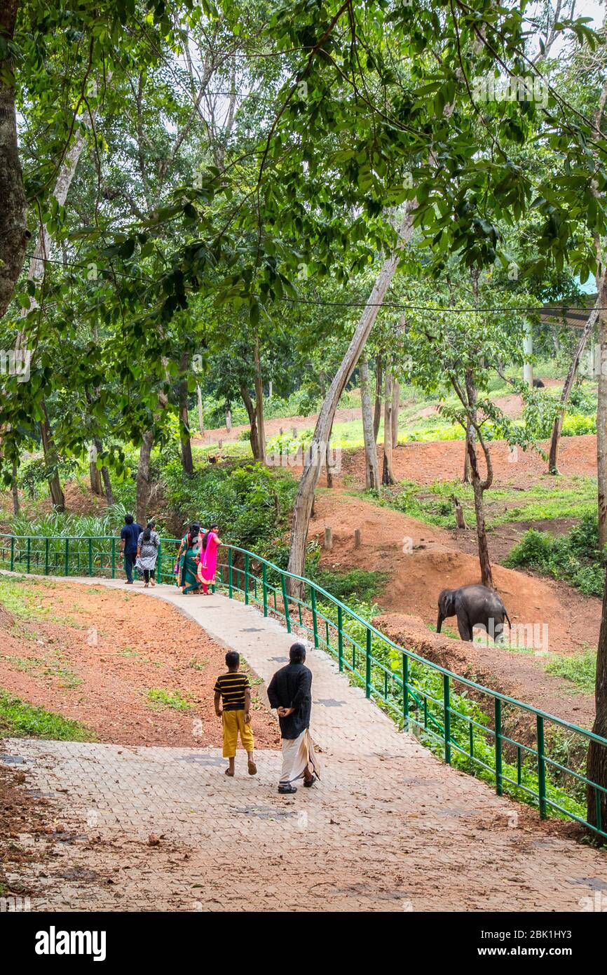 I turisti a piedi in entrata di kottoor kappukadu elefante centro di riabilitazione,kottoor,thiruvananthapuram,kerala,l'INDIA,PRADEEP SUBRAMANIAN Foto Stock
