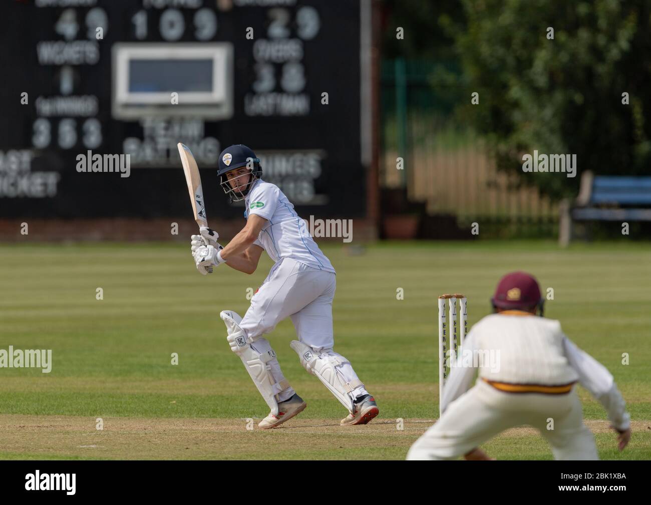 Harvey Hosein battendo per Derbyshire II XI contro Northamptonshire al Hem Heath Cricket Club 6 agosto 2019 Foto Stock