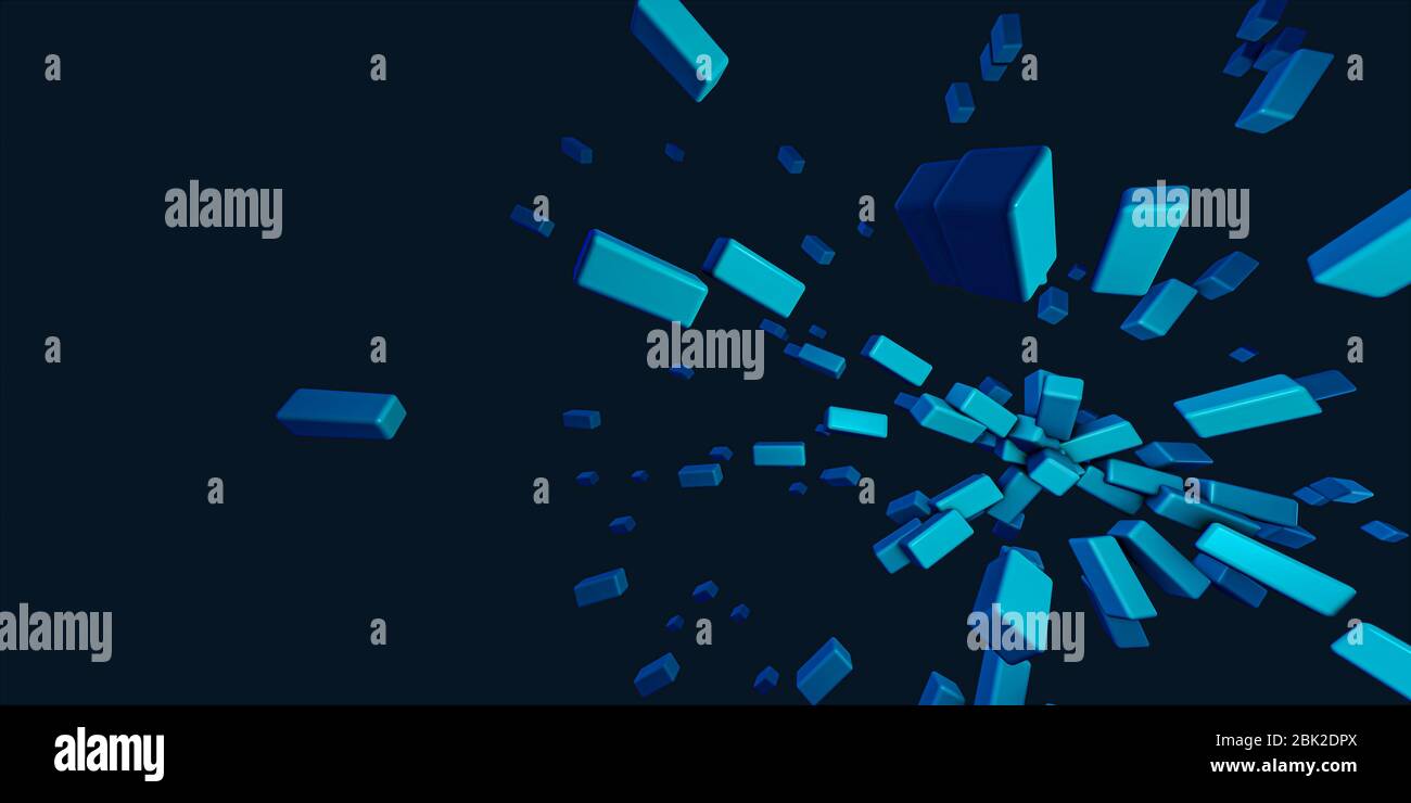 Il motivo cubo blu astratto esplode lo sfondo del movimento.immagine 3D del motivo a caselle. Foto Stock