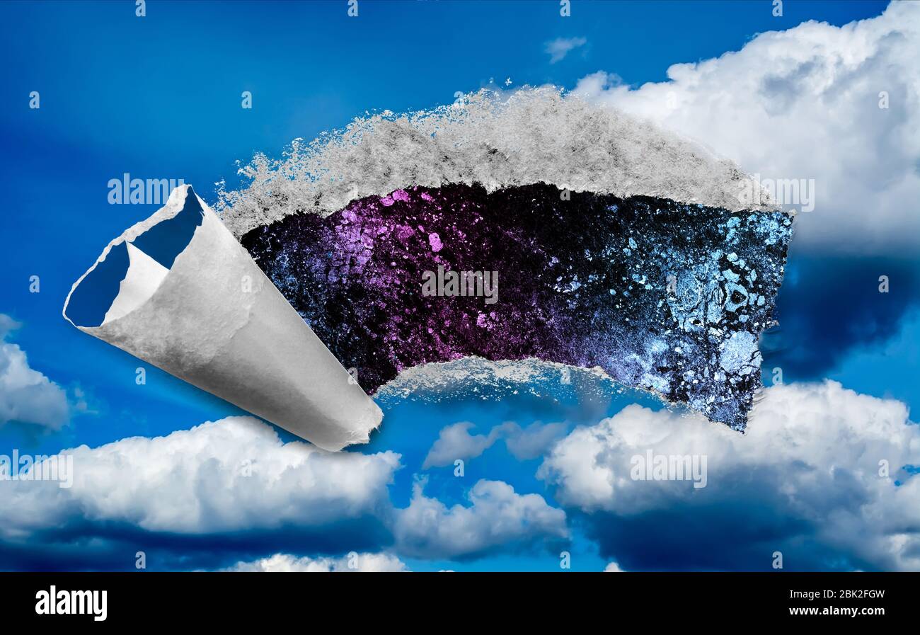 Un buco nel cielo diurno con bordi strappati, come sulla carta, con una vista nello spazio con stelle, nebulose e galassie. Il concetto di cambiamento climatico globale o Foto Stock