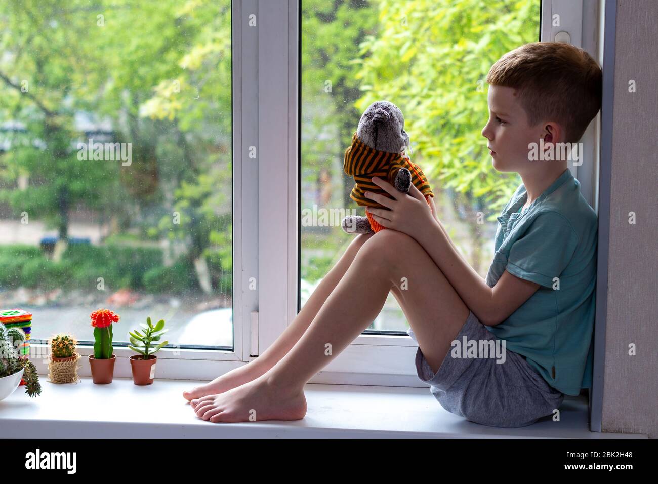 Ragazzo seduto sul davanzale e guardando il gatto giocattolo adorabile. Concetto di soggiorno a casa durante la pandemia di covid-19 Foto Stock