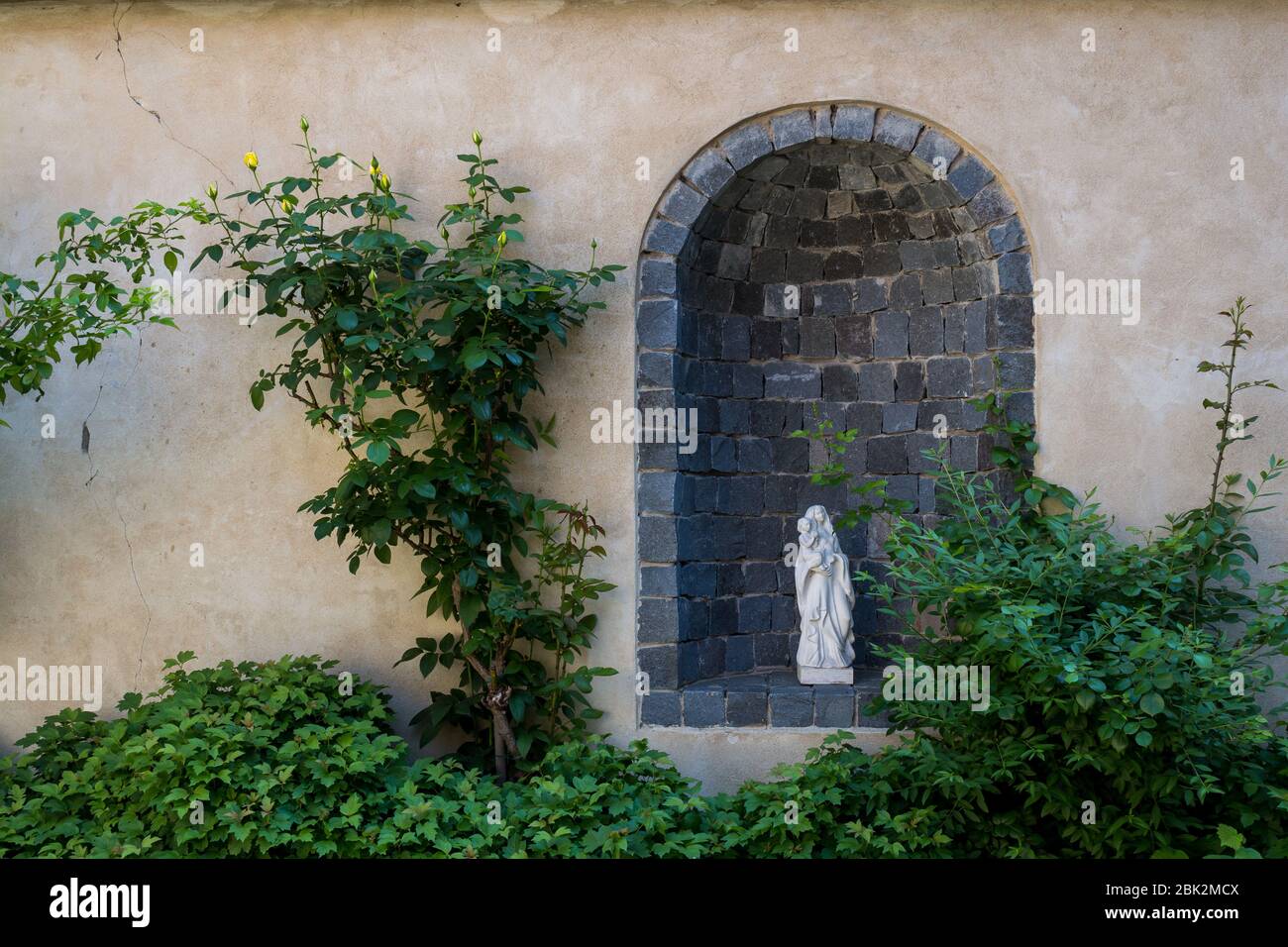 Cortile di un edificio. Muro con una nicchia. Statua bianca di Santa Madre e di un bambino. Cespugli verdi e rosa in primo piano. Bratislava, Slovacchia. Foto Stock