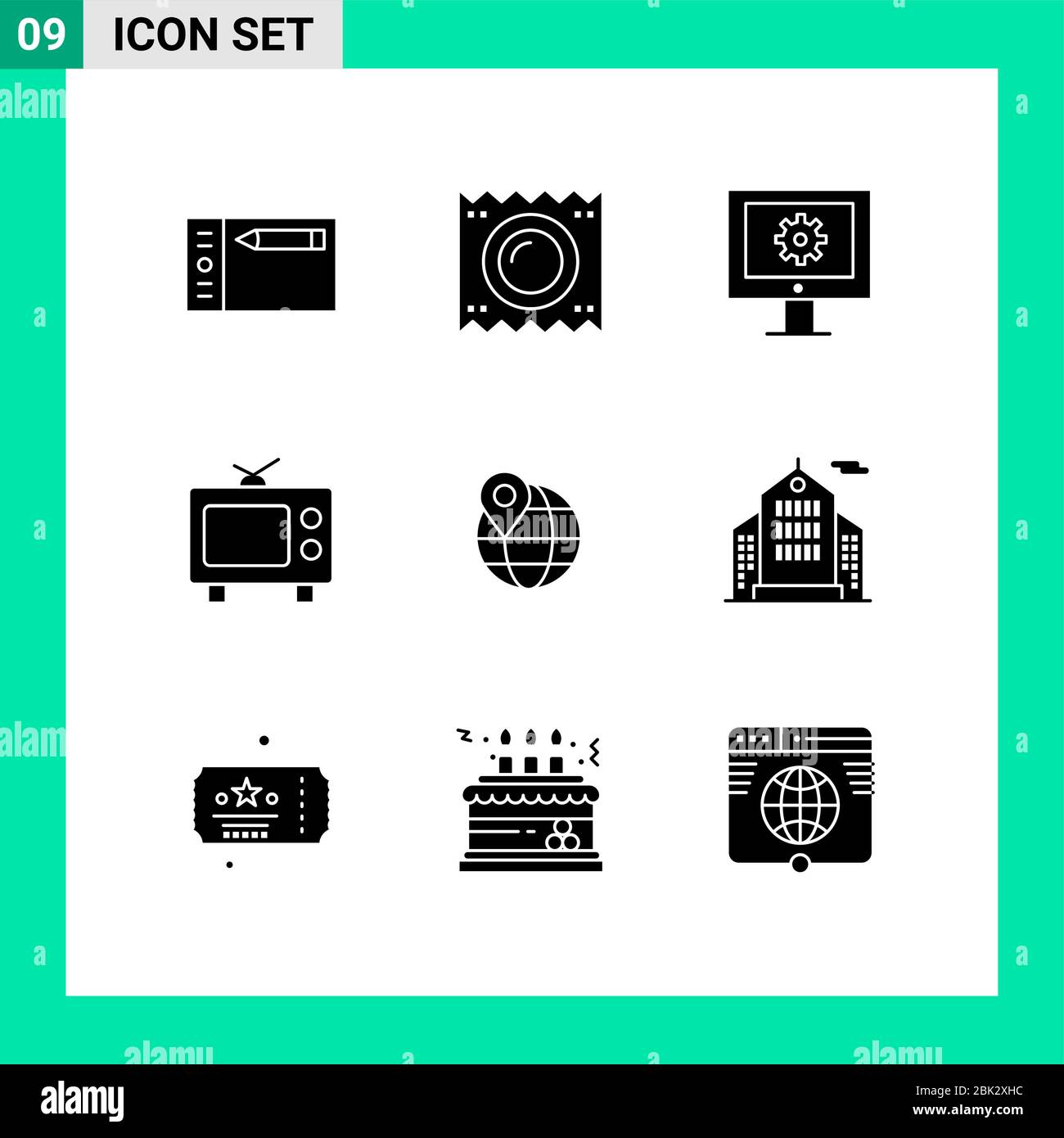 Confezione da 9 simboli e simboli di Solid Glyphs moderni per Web Print Media come mappa, media, gravidanza, televisione, manutenzione web Editable Vector Design Illustrazione Vettoriale