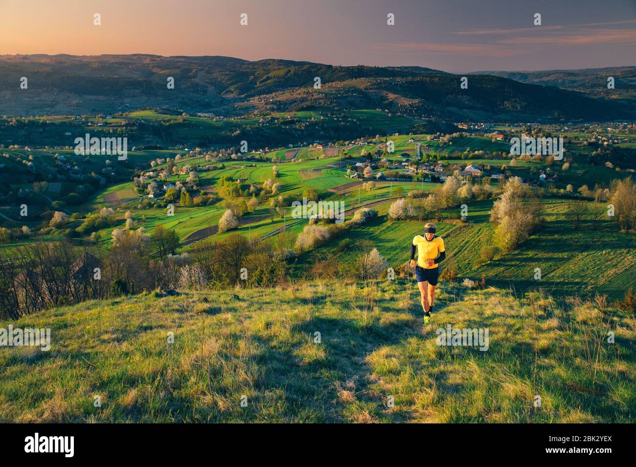 Il Runner maschio in camicia gialla corre nella natura primaverile. Esercizio mattutino, foto dello sport di corsa. Vita attiva. Foto Stock