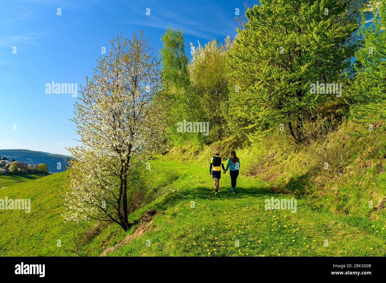 Uomo e donna innamorati camminando insieme nella natura verde della primavera fiorisce Foto Stock