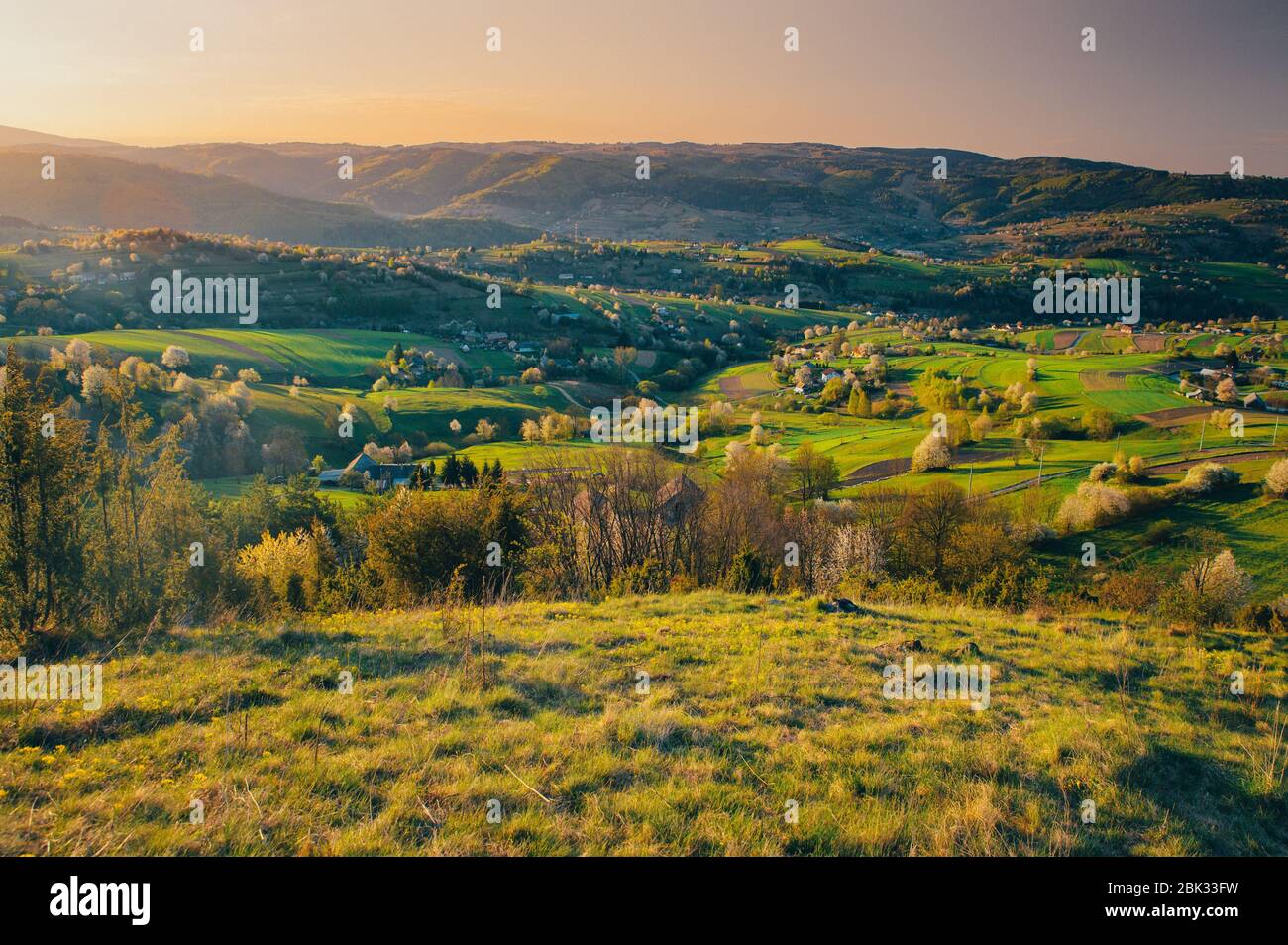 Maestosa luce nel paesaggio rurale delle montagne primaverili. Sole illumina i ciliegi in fiore e prati verdi e campi agricoli. Villaggio Hrinova i Foto Stock