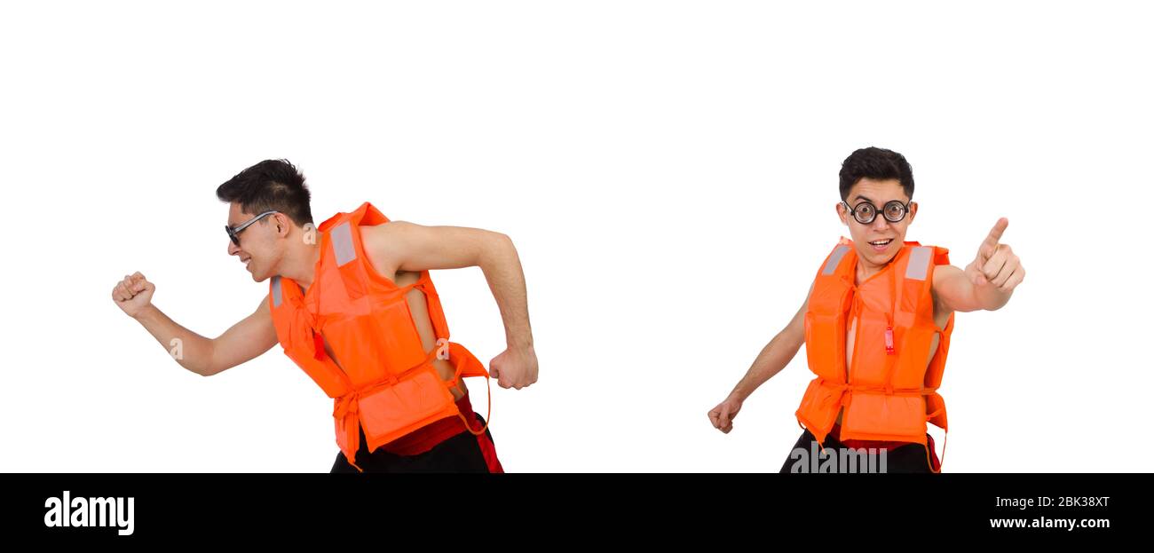 Il funny man indossando orange giubbotto di sicurezza Foto Stock