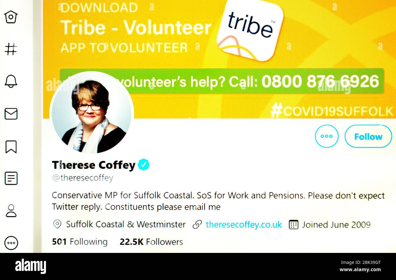 Pagina Twitter (maggio 2020) : Therese Coffey, Segretario di Stato per il lavoro e le pensioni Foto Stock