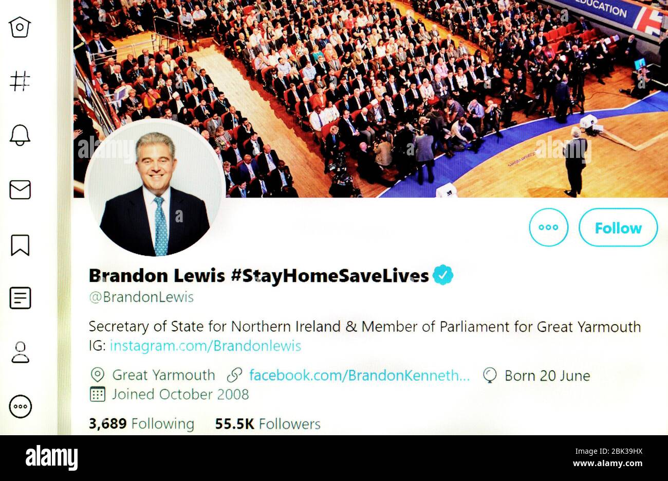 Pagina Twitter (maggio 2020) : Brandon Lewis, Segretario dell'Irlanda del Nord Foto Stock