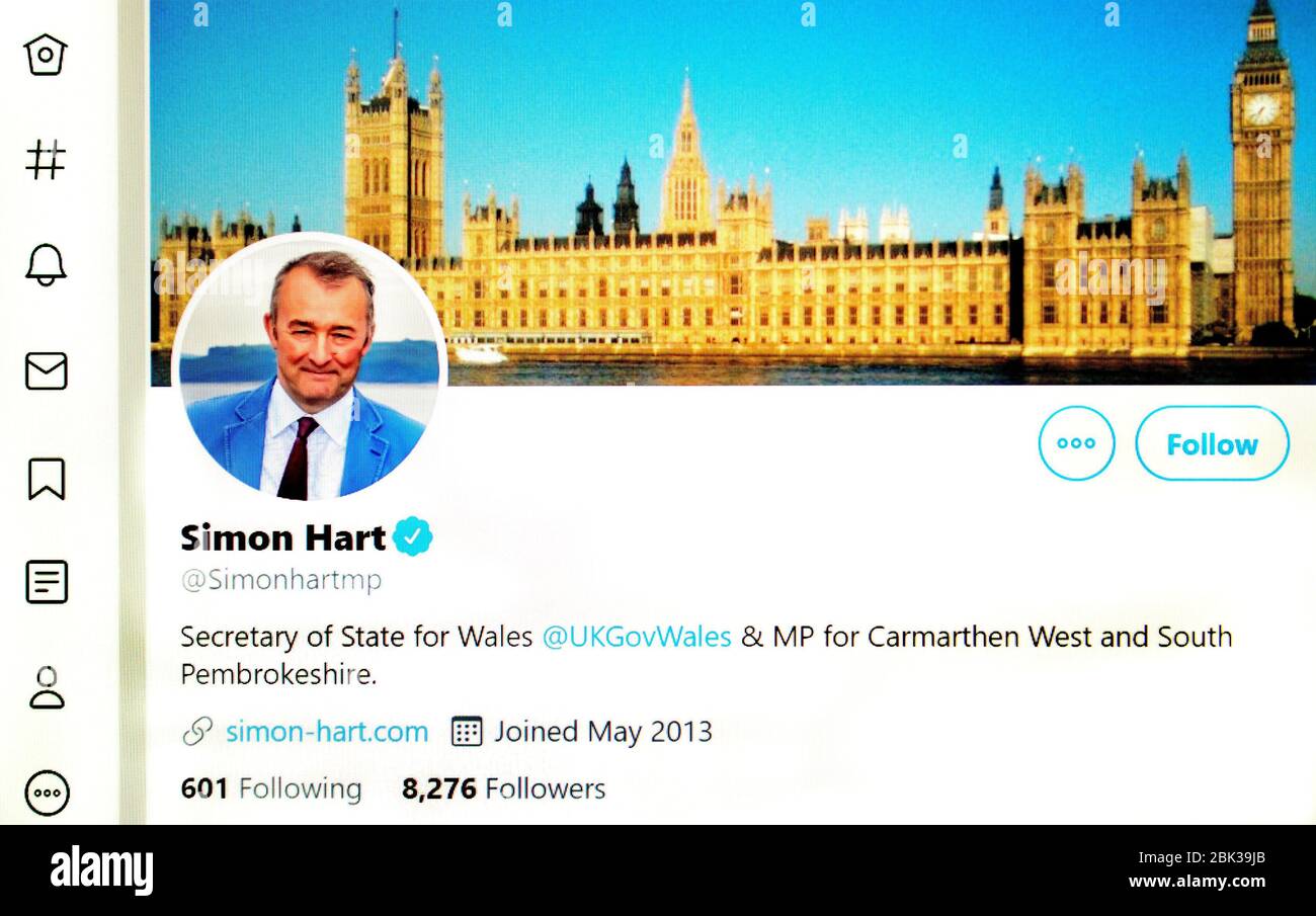 Pagina Twitter (maggio 2020) : Simon Hart MP, Segretario di Stato per il Galles Foto Stock