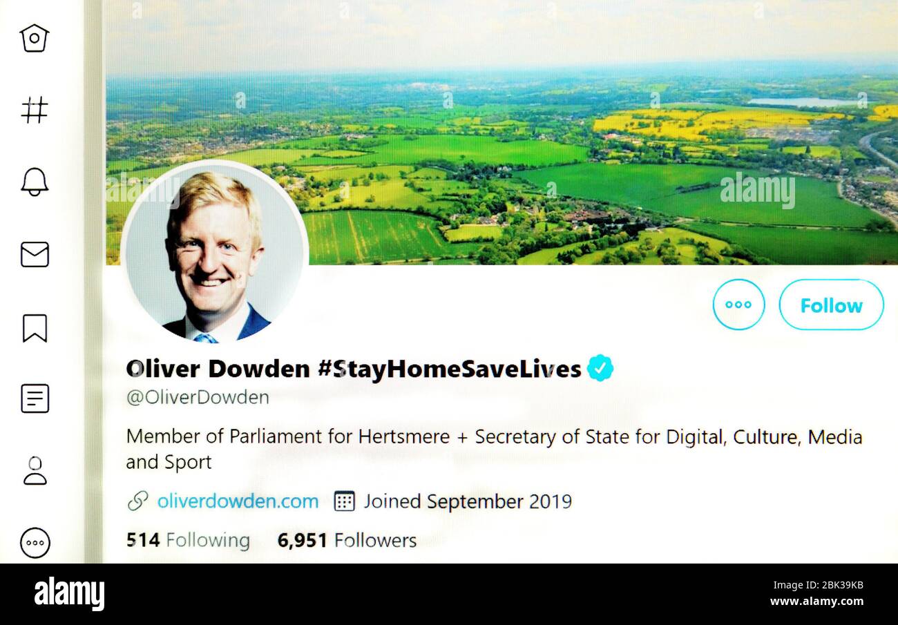 Pagina Twitter (maggio 2020) : Oliver Dowden MP, Segretario di Stato per il digitale, la cultura, i media e lo sport Foto Stock