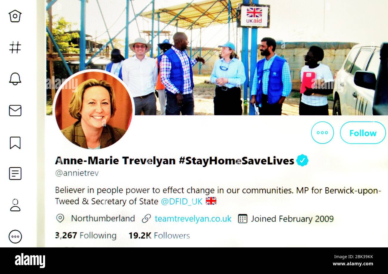 Pagina Twitter (maggio 2020) : Anne-Marie Trevelyan MP, Segretario di Stato per lo sviluppo Internazionale Foto Stock