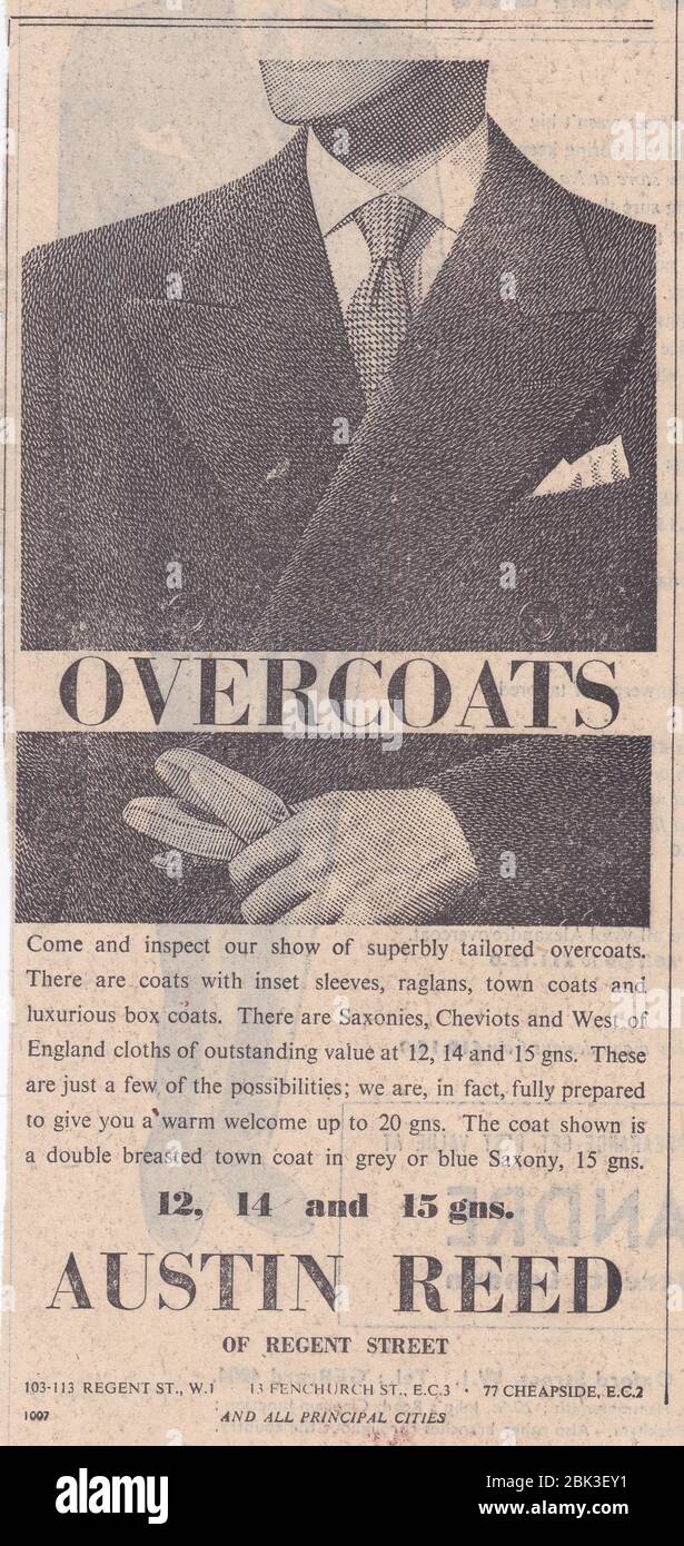 Pubblicità del giornale degli anni '50 per i cappotti Austin Reed. Menswear degli anni '50. Foto Stock