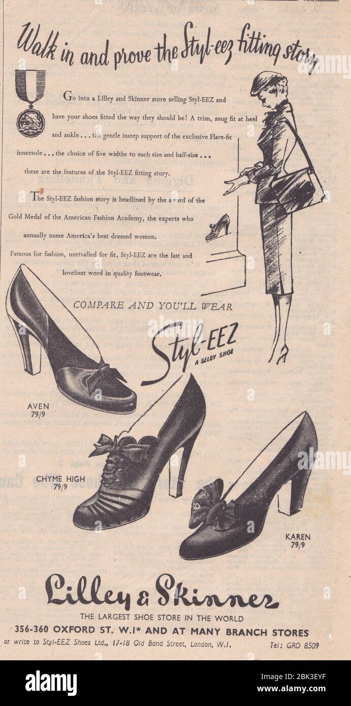 Pubblicità di giornale degli anni '50 Lilley & Skinner Shoe Shop. Scarpa Selby Styl-EEZ A. scarpe di moda anni '50. Foto Stock