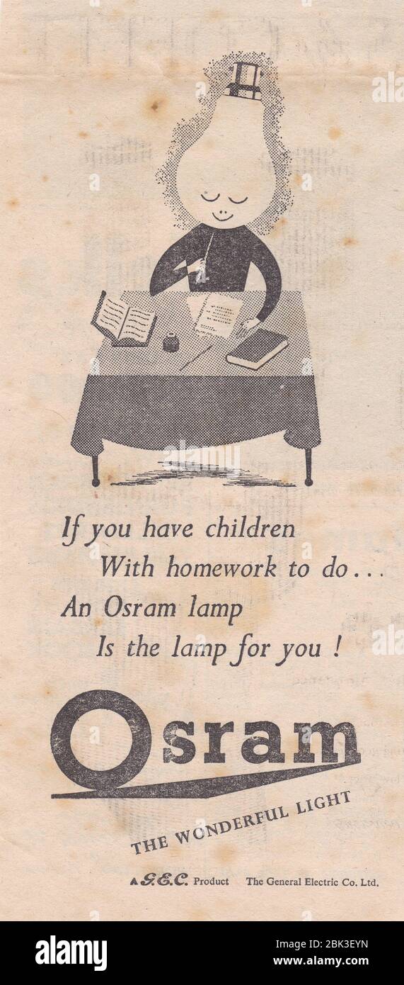 Pubblicità del giornale degli anni '50 per Osram - la luce meravigliosa. UN PRODOTTO G & C. General Electrical Lighting Co. Ltd Foto Stock