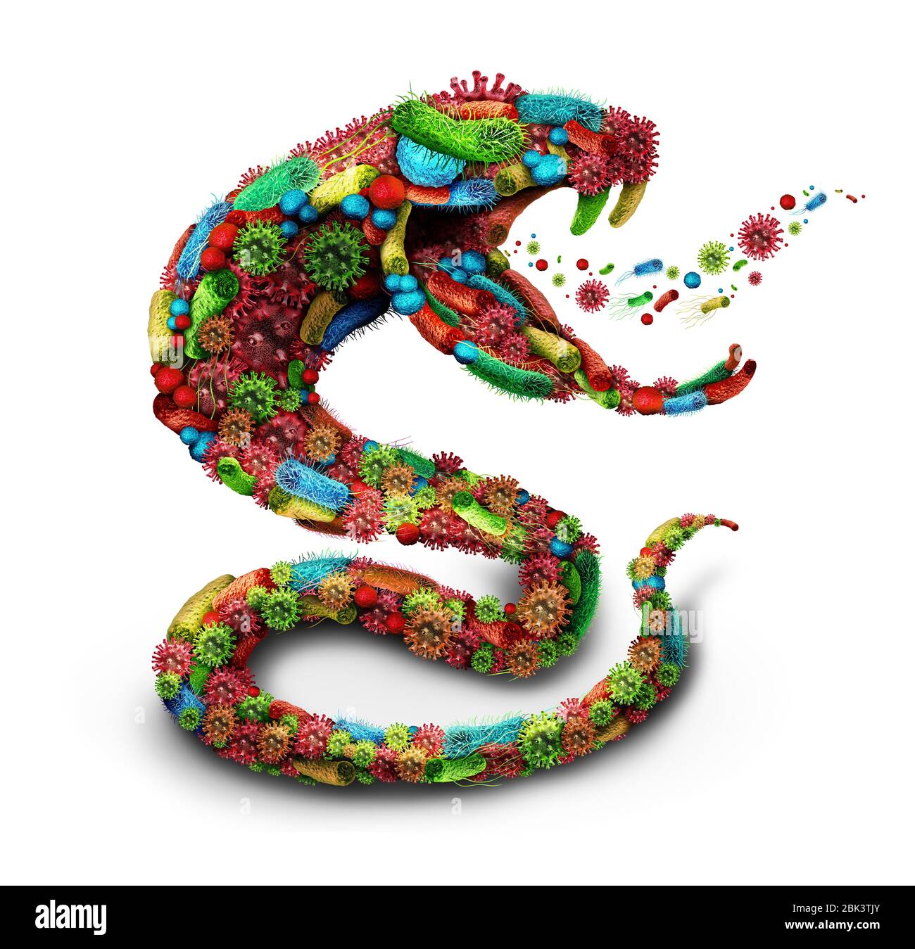 Simbolo di pericolo di malattia come un gruppo di cellule virali e microbi batterici a forma di serpente velenoso come un'icona medica e patogena o di salute. Foto Stock