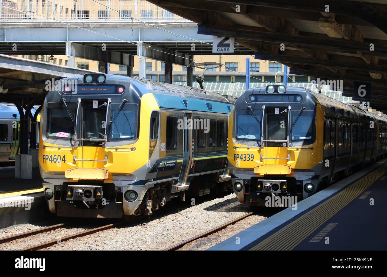 Auto elettriche di due treni a più unità Matangi in livrea Metlink alla stazione ferroviaria di Wellington il 30 novembre 2017. Foto Stock