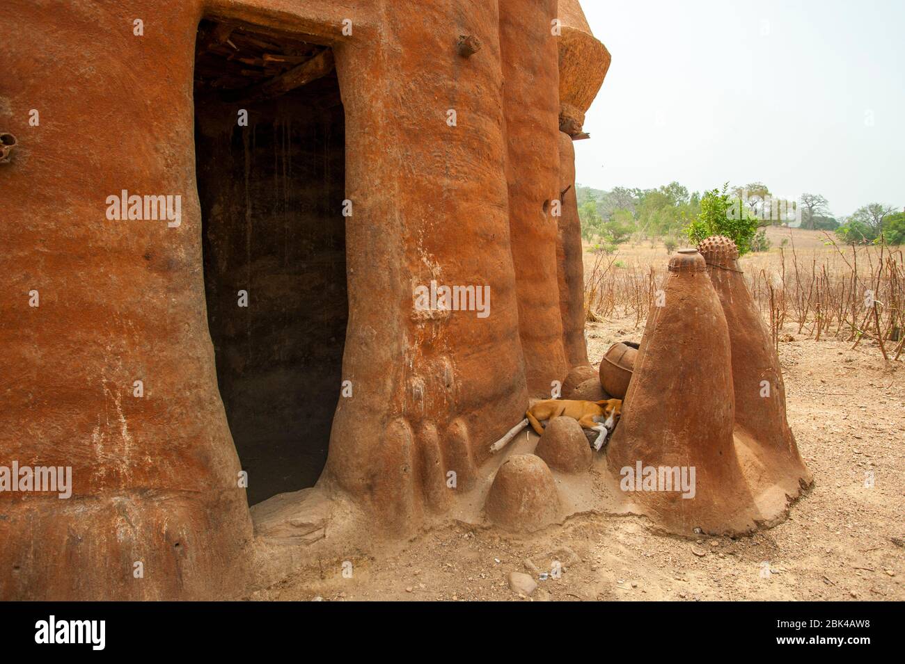 I tumuli di argilla di fronte ad un edificio di mattoni fangosi chiamato Tata o Takienta (Patrimonio dell'Umanità dell'UNESCO), che rappresenta il defunto del popolo Tammari, Foto Stock