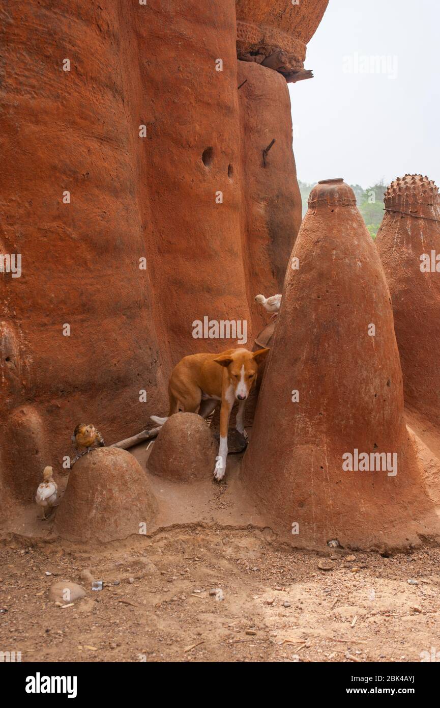 I tumuli di argilla di fronte ad un edificio di mattoni fangosi chiamato Tata o Takienta (Patrimonio dell'Umanità dell'UNESCO), che rappresenta il defunto del popolo Tammari, Foto Stock