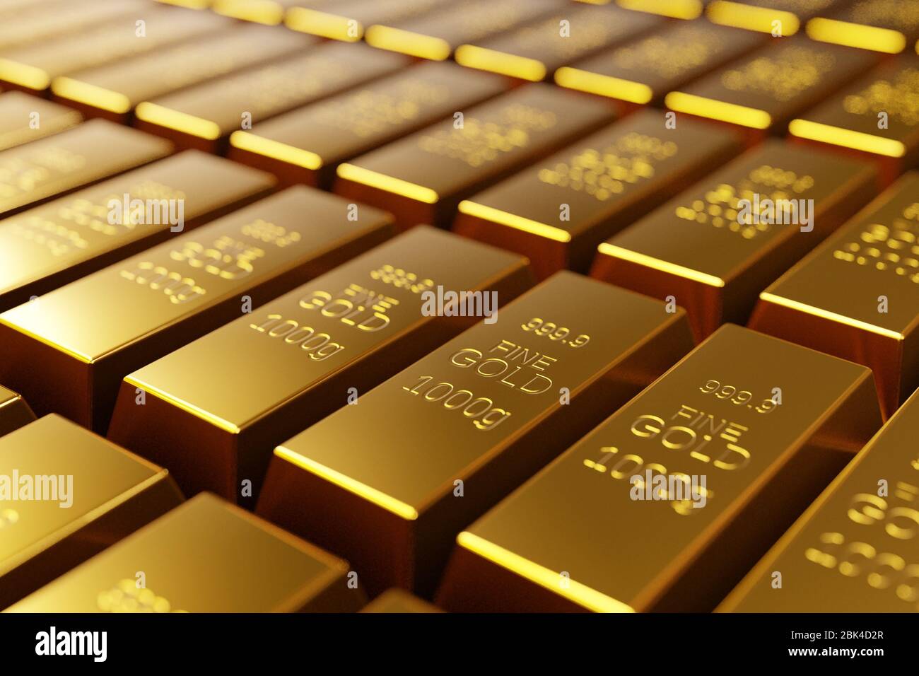 Barre di oro, investimento di metallo prezioso come deposito di valore. Rendering 3d digitale. Foto Stock