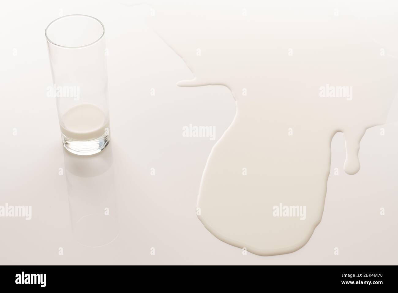 Latte alla base di un bicchiere e latte versato sul bianco Foto Stock