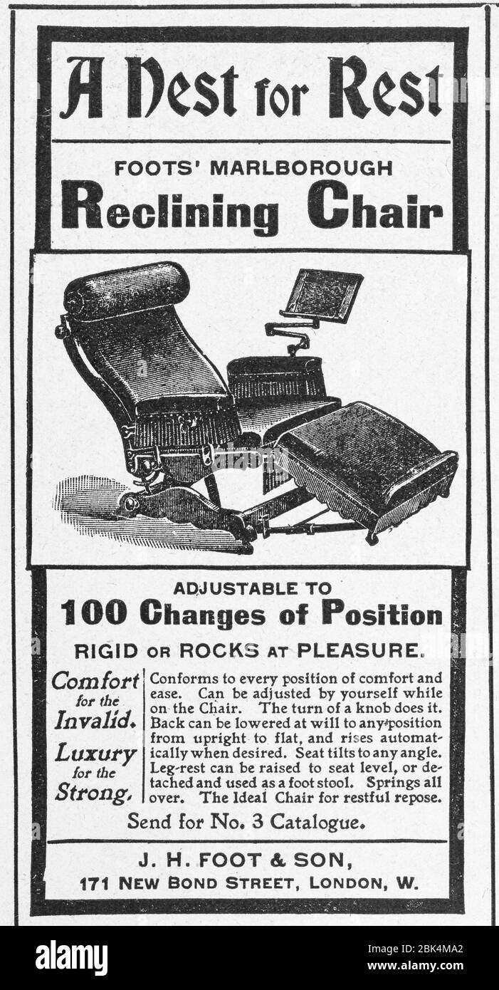 Vecchia sedia reclinabile pubblicità dai primi anni del 1900, prima dell'alba degli standard pubblicitari. Storia della pubblicità, vecchi annunci, storia della pubblicità Foto Stock