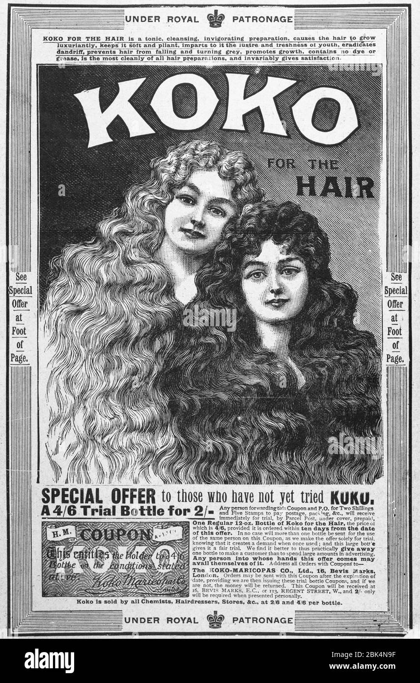 Vecchia carta da giornale haircare / capelli cura pubblicità dal periodo vittoriano - prima dell'alba degli standard pubblicitari. Foto Stock