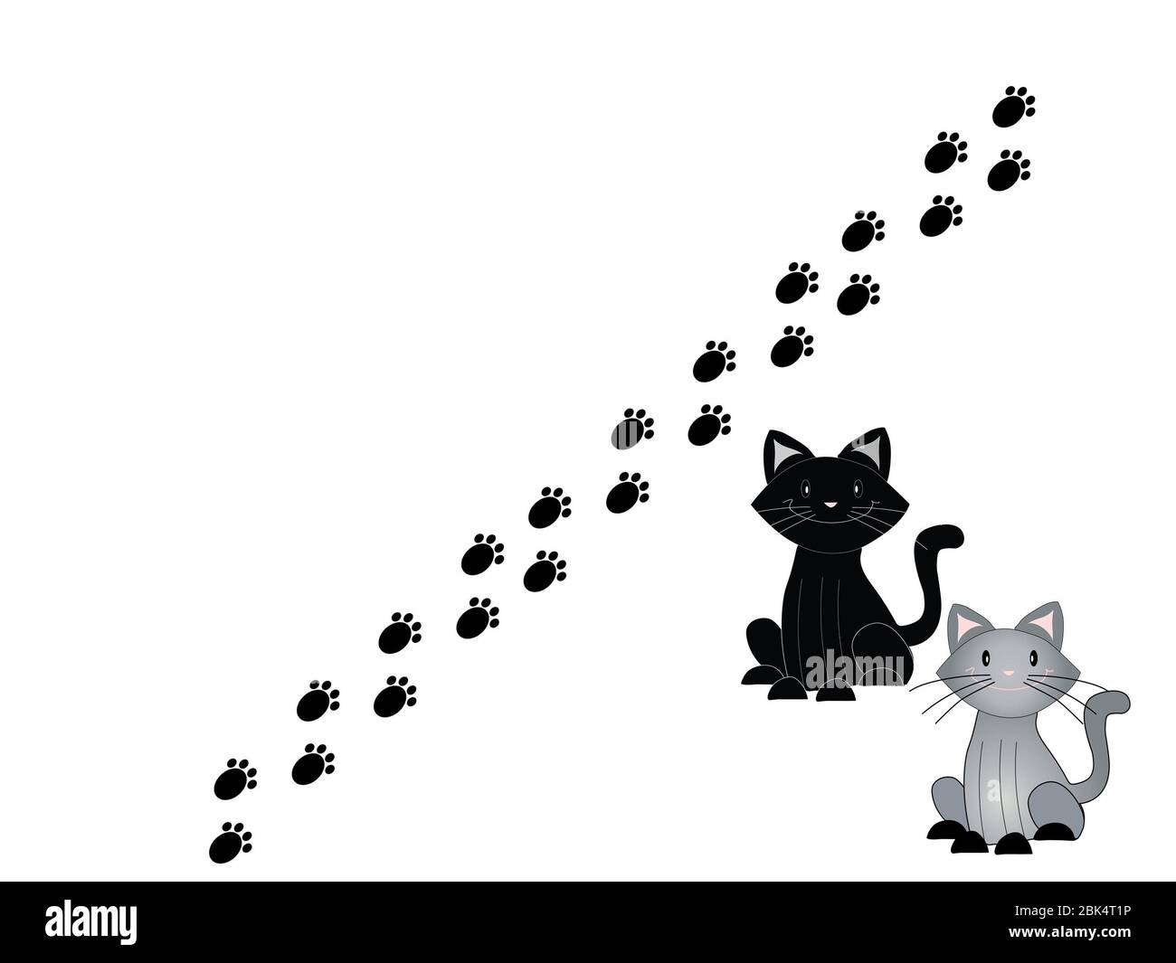 Gatti neri e grigi illustrati con sentiero di zampe di gattino su bianco con spazio per copie. Foto Stock