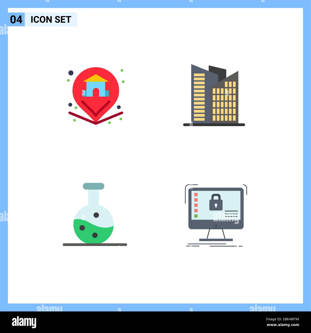 Set di 4 icone piatte vettoriali sulla griglia per posizione, scienza, casa, grattacielo, protezione elementi di progettazione vettoriale modificabili Illustrazione Vettoriale