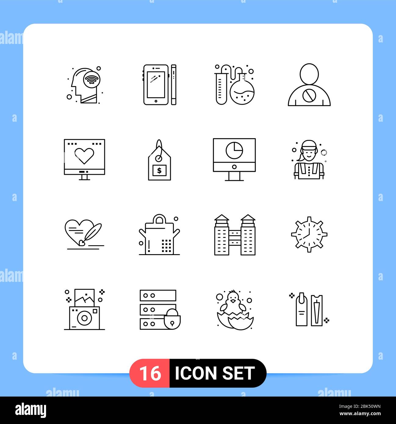 Set di 16 icone moderne dell'interfaccia utente simboli segni per elementi di progettazione vettoriale modificabile, umani, corpo, penna, bloccato, istruzione Illustrazione Vettoriale