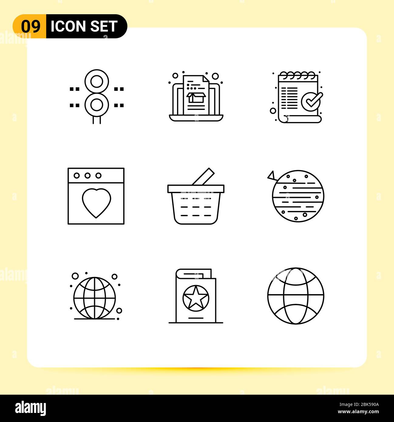 9 icone creative segni moderni e simboli di checkout, mac, check, Favorite, ok elementi di progettazione vettoriale modificabili Illustrazione Vettoriale