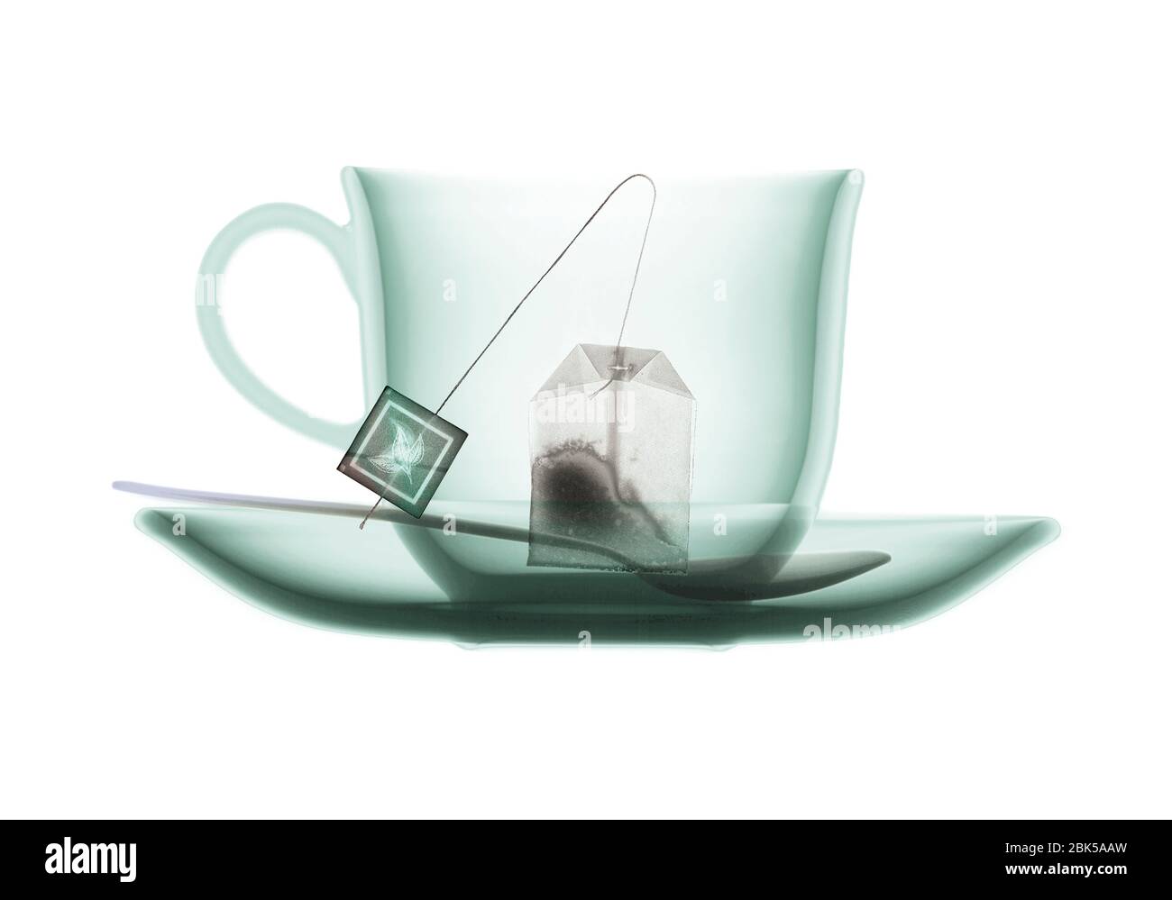 Cucchiaino da tè e teabag per piattino Teacup, raggi X colorati. Foto Stock