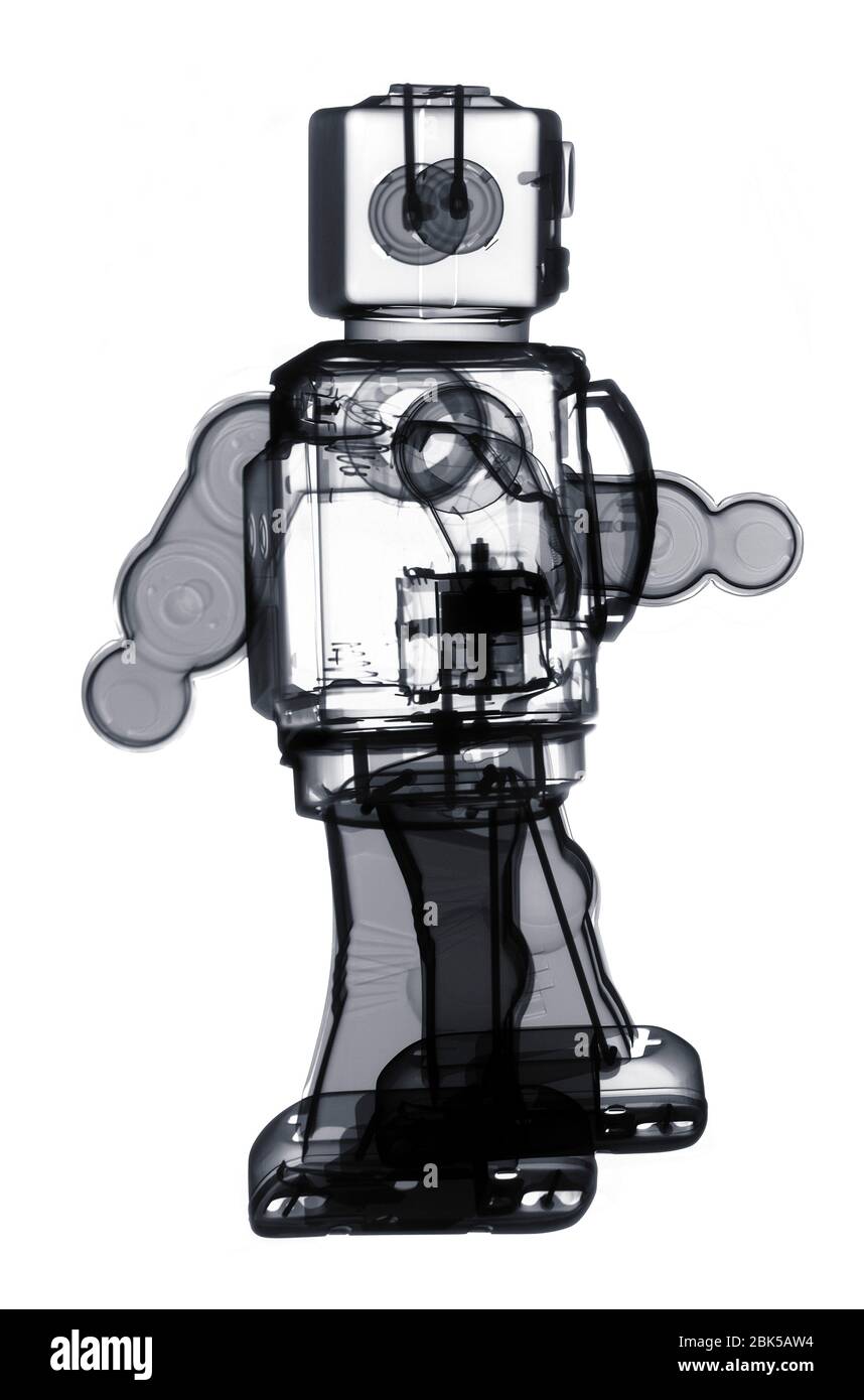 Robot giocattolo meccanico, raggi X. Foto Stock