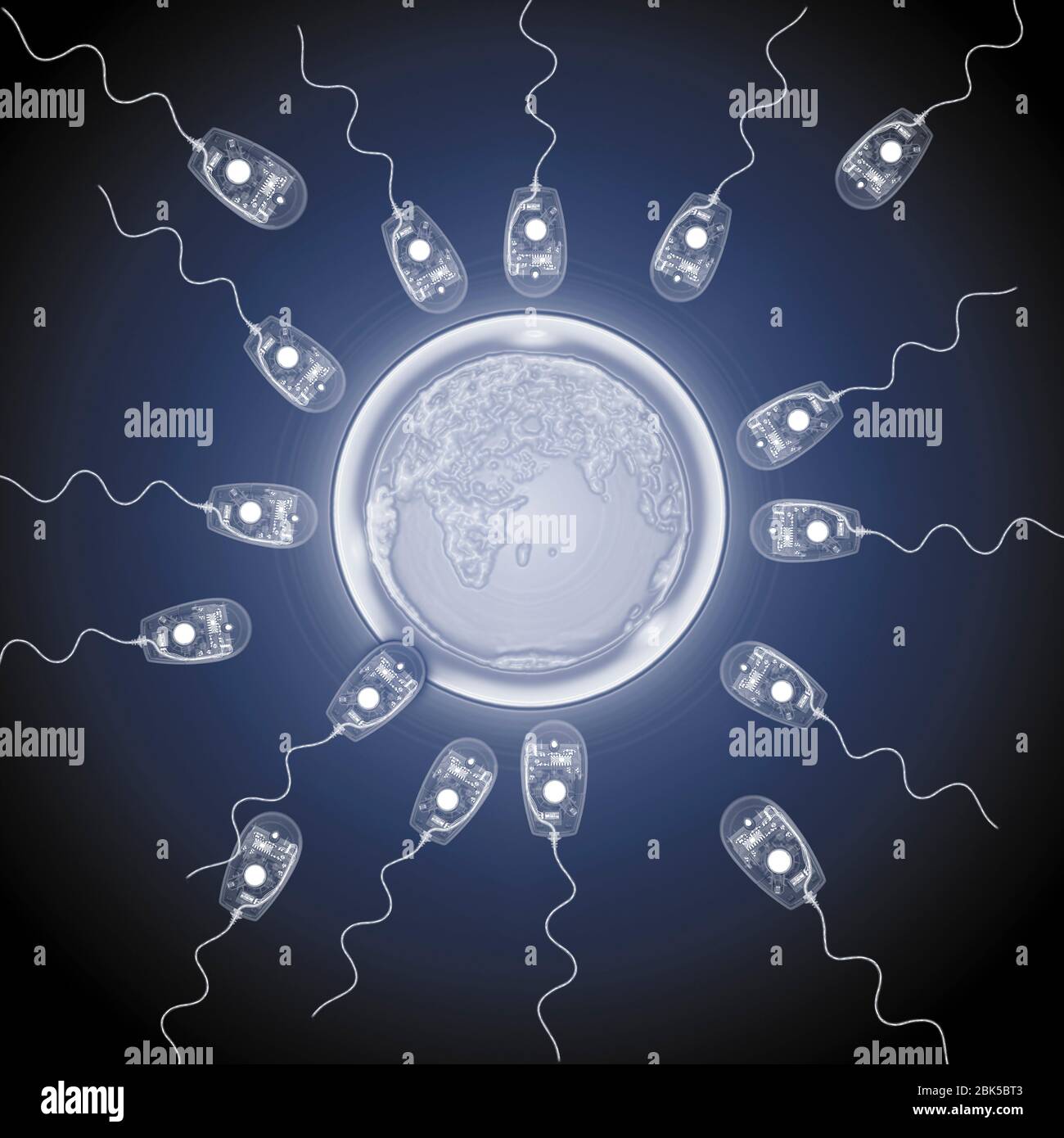 Globo circondato da mouse, sperma e uova, raggi X colorati. Foto Stock